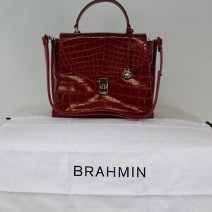 Brahmin Adrian Satchel Red Melbourne Croc Embossed Leather NWOT Dust Bag Cross